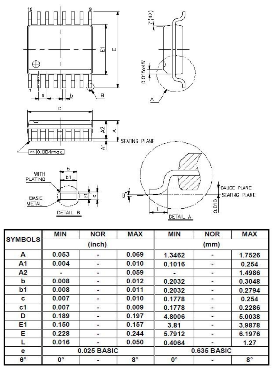 YF2711單機(jī)片SSOP16外形圖與封裝尺寸